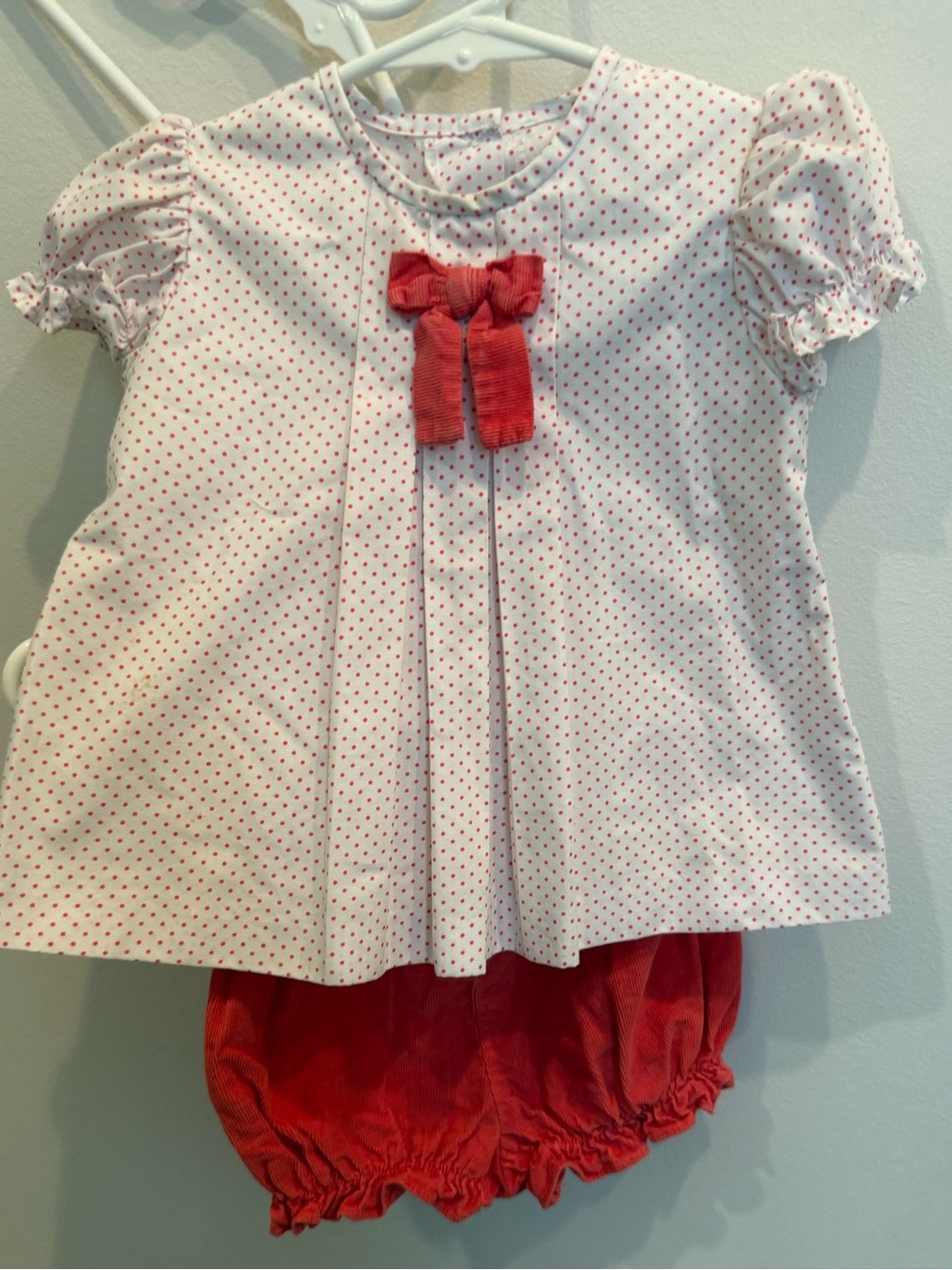 Girls Dark Coral Polka Dot Bow Corduroy Bloomer Set 12M